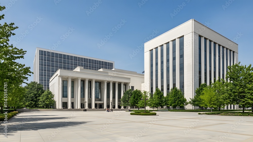 Obraz premium Courthouse building exterior view with classical architecture and flagpole, symbolizing justice, authority, and public trust in legal systems