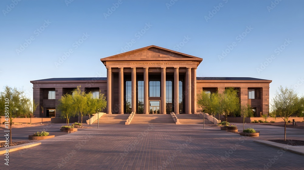 Obraz premium Courthouse building exterior view with classical architecture and flagpole, symbolizing justice, authority, and public trust in legal systems