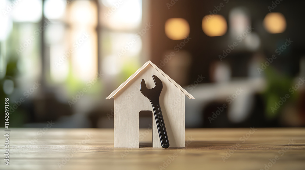 A wooden house model with a wrench symbolizes home improvement and maintenance.