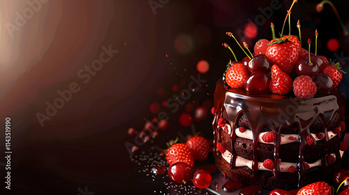 Gourmet Chocolate Cake with Strawberries and Berry Decorations

 photo