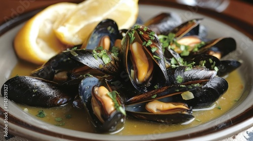 Steamed mussels with lemon, herbs, in a savory broth. Perfect for illustrating seafood dishes, healthy eating, or restaurant menus. photo