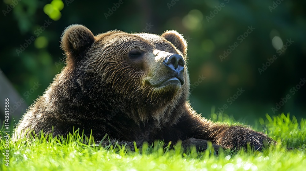 Obraz premium Resting Brown Bear Close Up Photo Grass Field. AI Generated