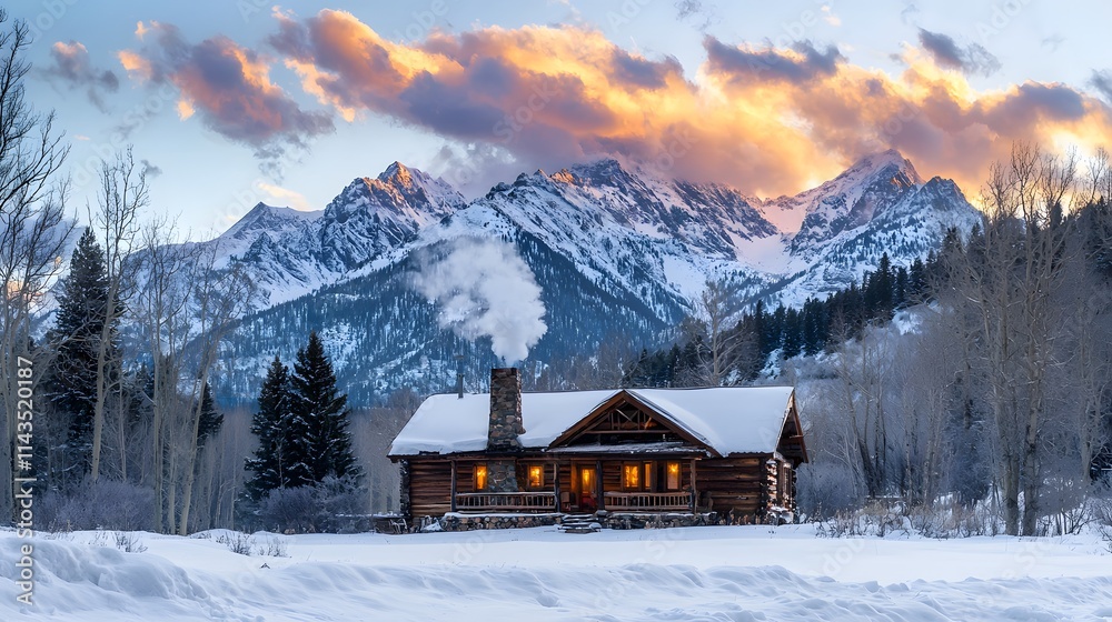 Fototapeta premium A scenic mountain cabin with a chimney puffing smoke, framed by snowy peaks