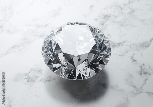 Brilliantly Cut Diamond Gemstone on White Marble Surface Capturing Light, Radiance, and Luxury for Jewelry and Engagement Concepts