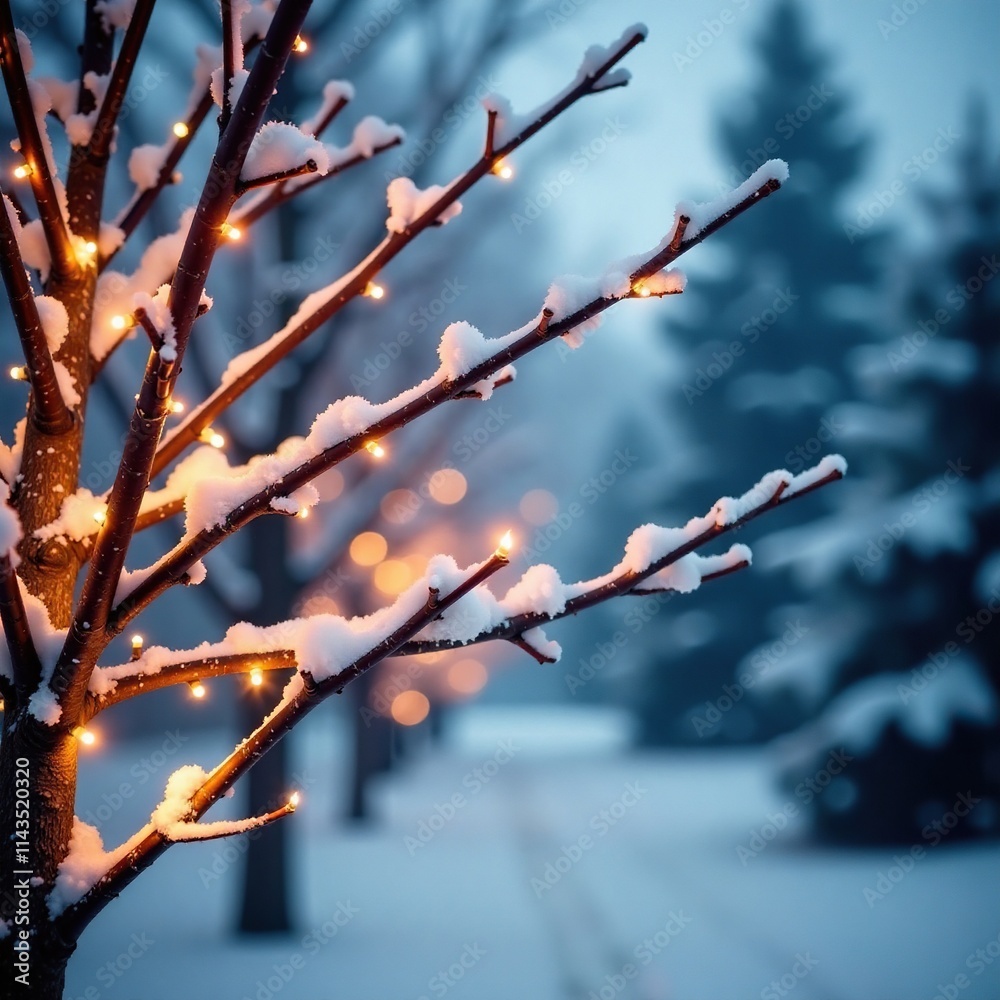 bare tree branches with frosted snow and Christmas lights, festive, frosty bare tree branches with frosted snow and Christmas lights, festive, frosty