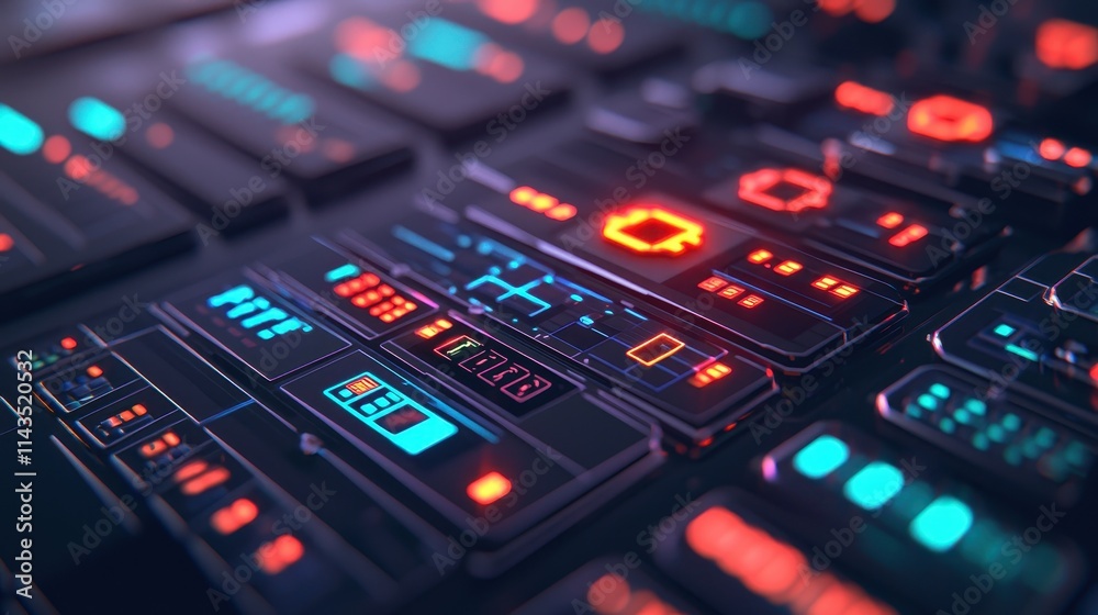 Futuristic Control Panel with Neon Lights and Digital Interfaces