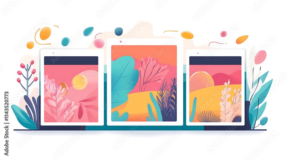 Naklejka premium Vibrant Digital Landscape Illustrations on Tablets. AI Generated