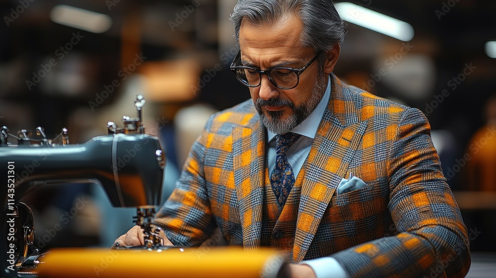 A well-dressed man sewing fabric with a vintage sewing machine in a workshop. A well-dressed man sewing fabric with a vintage sewing machine in a workshop.