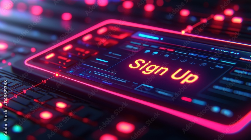 Digital Interface with Neon Sign Up Button on Futuristic Background Digital Interface with Neon Sign Up Button on Futuristic Background