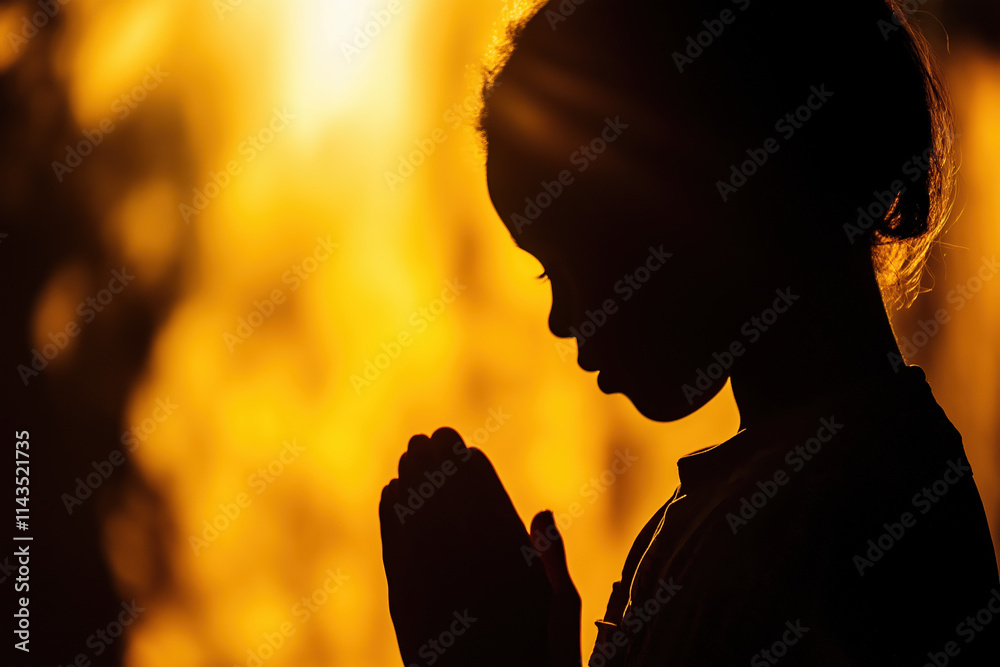 Silhouette of an African American child praying in golden sunlight Silhouette of an African American child praying in golden sunlight