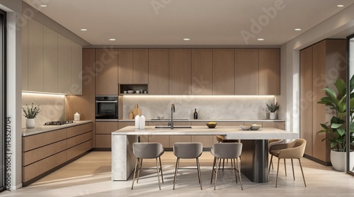 Open-concept kitchen and dining space in mocha mousse and taupe shades, minimalistic style interior