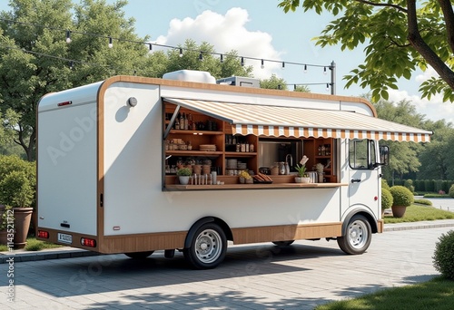 Modern and Sleek White Food Truck with Wooden Accents