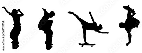 Set of silhouettes of girls and boys playing skateboarding. isolated on a white background.