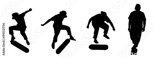 Set of silhouettes of girls and boys playing skateboarding. isolated on a white background.