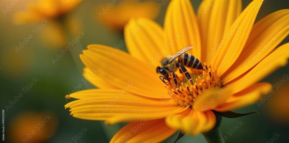 Bee collecting pollen from the vibrant orange bloom of a sunflower-like flower, orange blossoms, insects, bloom