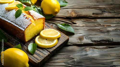 Classic Lemon Pound Cake on Rustic Wooden Background

 photo