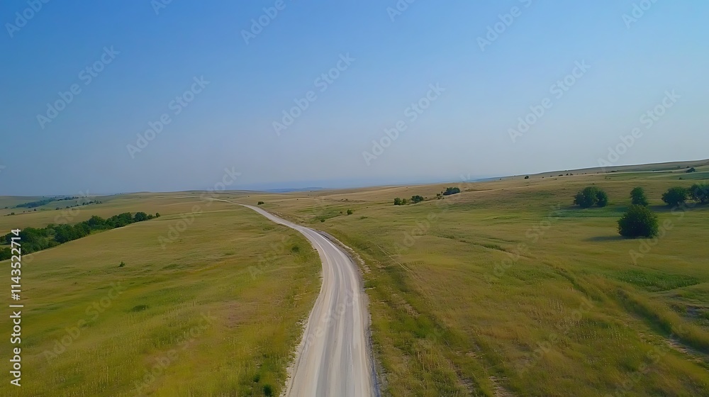 Aerial View: Winding Country Road Through Summer Fields. AI Generated