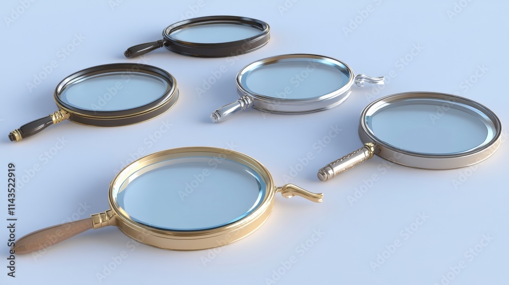 Realistic 3d magnifier glass in different angles of view. Vector illustration set of magnify with plastic handle, metal frame and transparent zoom lens for search and focus concept. Magnify loupe tool Realistic 3d magnifier glass in different angles of view. Vector illustration set of magnify with plastic handle, metal frame and transparent zoom lens for search and focus concept. Magnify loupe tool