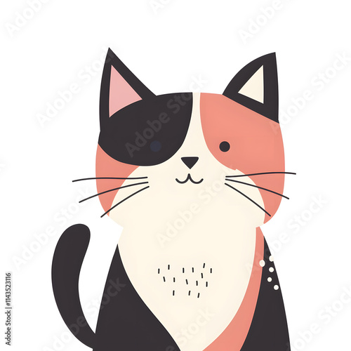 A delightful calico cat in a cartoon style, featuring black, white, and orange fur patches with a charming and playful expression, ideal for childrens designs and illustrations