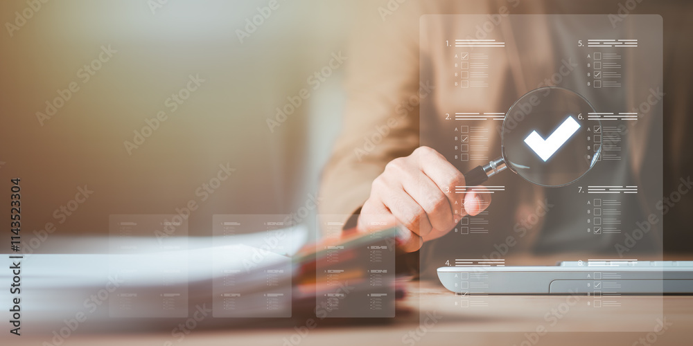 The man chooses the correct answer, marking online,online survey concept online exam filling out survey forms,using technology for education,learning assessment through online documents