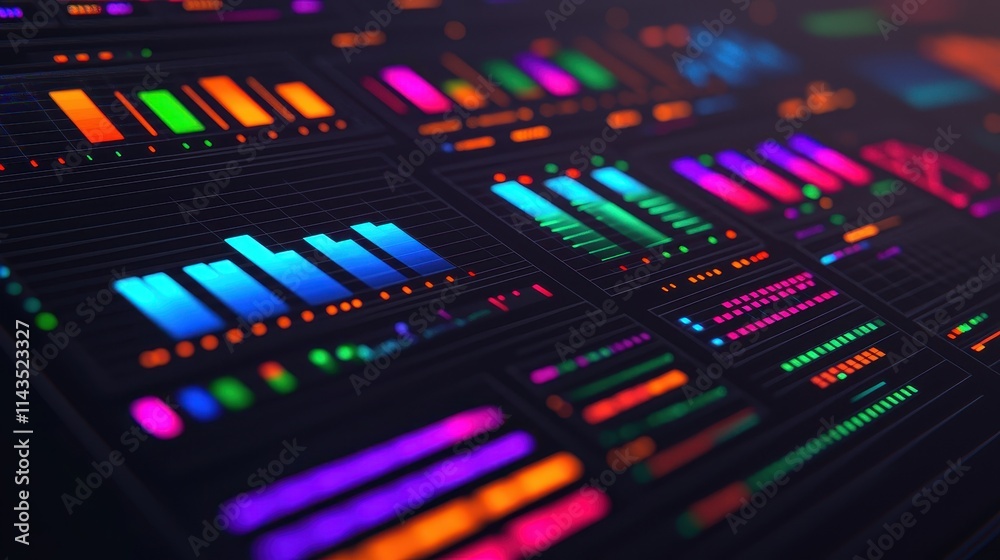 Colorful Data Visualization with Neon Elements and Charts Display Colorful Data Visualization with Neon Elements and Charts Display