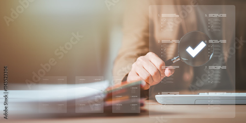 Obraz na płótnie The man chooses the correct answer, marking online,online survey concept online exam filling out survey forms,using technology for education,learning assessment through online documents w salonie