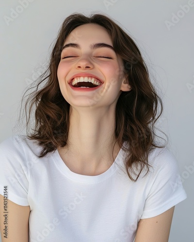 Natural joyful woman smiling brightly in casual white shirt