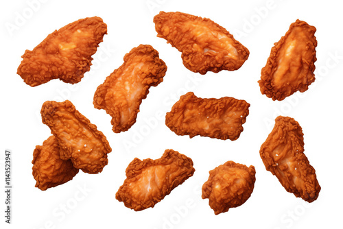 Crispy fried chicken pieces arranged in delicious display with golden brown texture, perfect for food menu restaurant design concept isolated transparent background, PNG cutout.