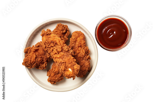 Top view of crispy fried chicken tenders served on plate with dipping sauce. Perfect for delicious meal or snack, food menu design concept, PNG cutout, transparent background.