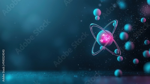 A neon lit atom with a glowing nucleus, surrounded by electrons zipping around in precise orbits, set against a dark, cosmic background. photo