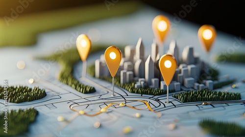 A close up shot of a map with multiple location pins clustered around a popular tourist destination, highlighting points of interest.