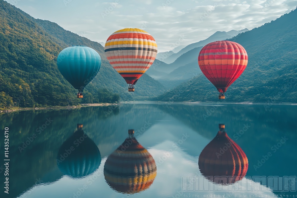 Obraz premium A serene scene of colorful hot air balloons floating over a calm lake surrounded by mountains.