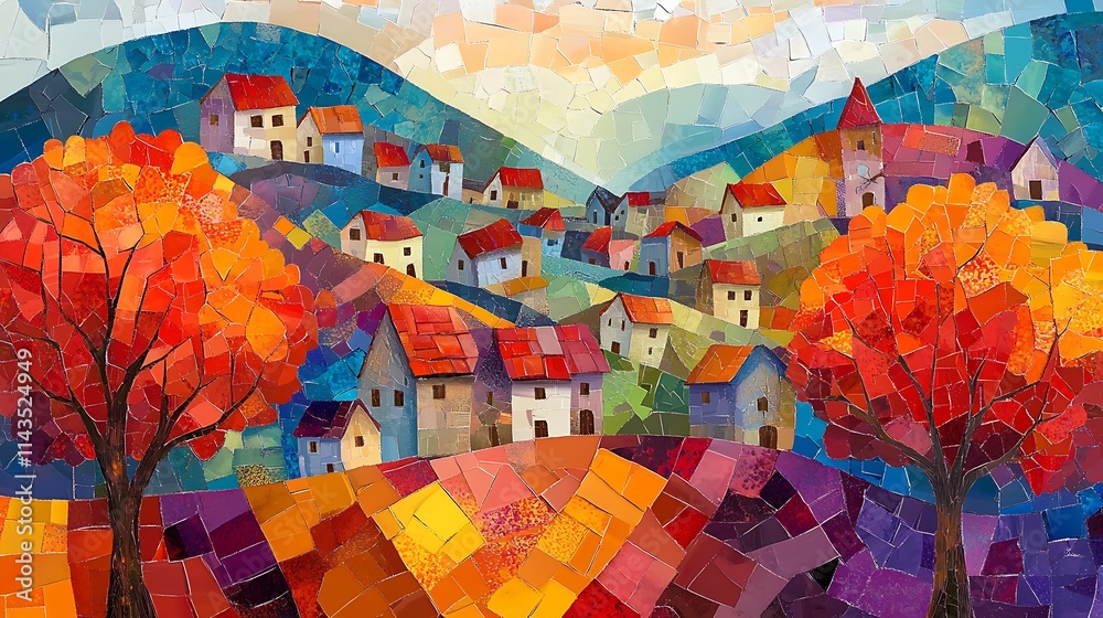Fototapeta premium Vividly painted village nestled within hilly landscape. Bright abstract digital painting.. AI Generated