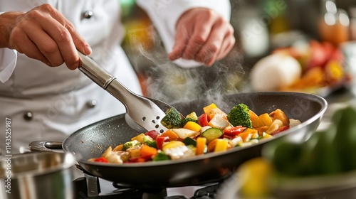Chef expertly stir-fries colorful vegetables. This image showcases healthy, delicious cooking.