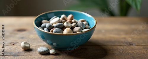 Blue bowl filled with a few small pebbles on a wooden table, natural, minimalist, centerpiece