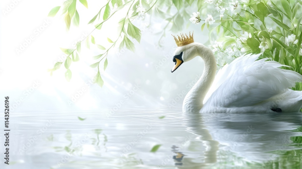 Obraz premium Majestic swan wearing crown gliding on serene waters surrounded by greenery and soft sunlight