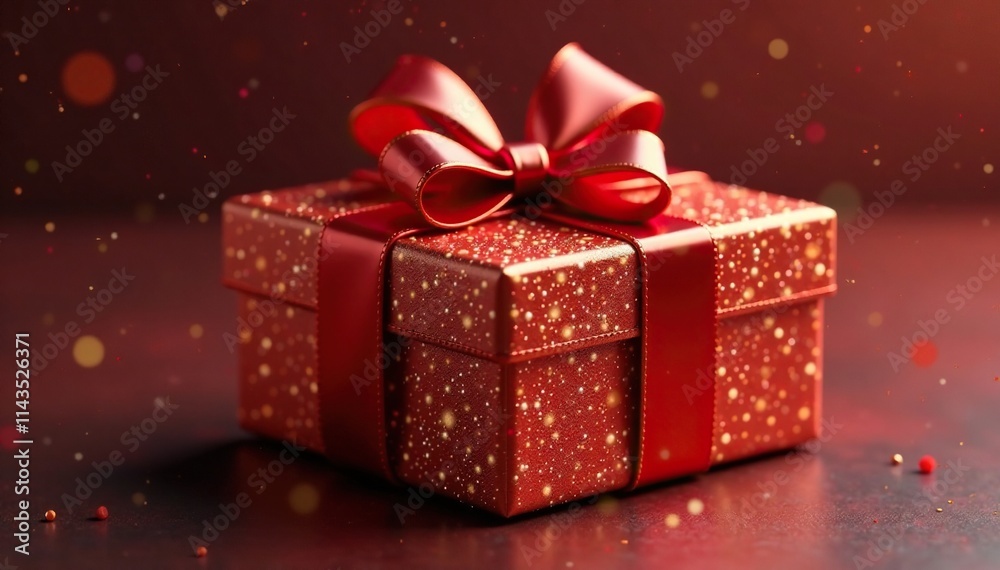 Box with shiny red bow made of metallic material, red and gold bow, red and gold Box with shiny red bow made of metallic material, red and gold bow, red and gold