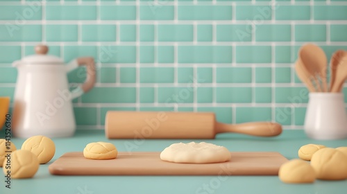 Charming 3D Animation Style Character Baking Cookies with Dough and Kitchen Tools on a Decorative Turquoise Background photo