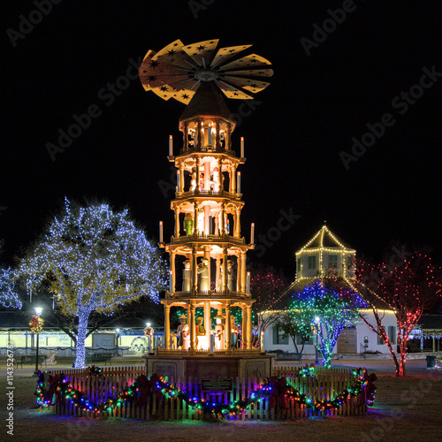 Fredericksburg, Texas hosts their free annual Christmas Nights of Lights at the historic Market Platz, with all the lights, with a larger than life wooden Christmas Pyramid.