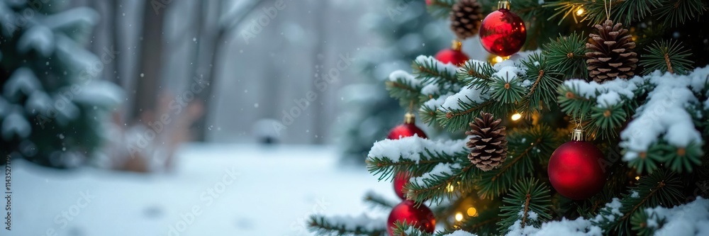Christmas tree with red ornaments and pinecones in a snow-covered yard, cozy, winter wonderland, holiday decor Christmas tree with red ornaments and pinecones in a snow-covered yard, cozy, winter wonderland, holiday decor