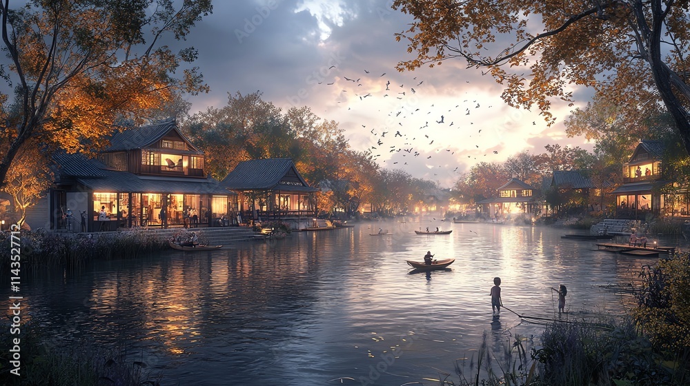 Fototapeta premium A serene riverside scene at dusk with traditional houses and people enjoying nature.