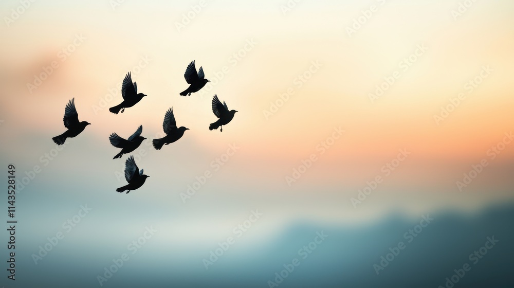 Fototapeta premium A group of birds in flight, their silhouettes blurred against the backdrop of a cloudy sky, creating a sense of freedom and movement.