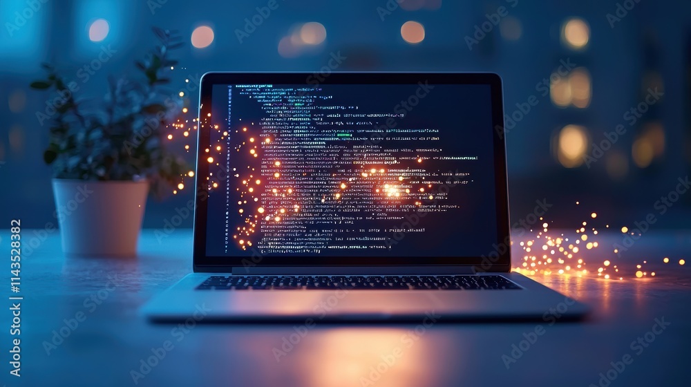 A laptop screen with lines of code scrolling rapidly, illustrating the complexities of programming and software development. A laptop screen with lines of code scrolling rapidly, illustrating the complexities of programming and software development.