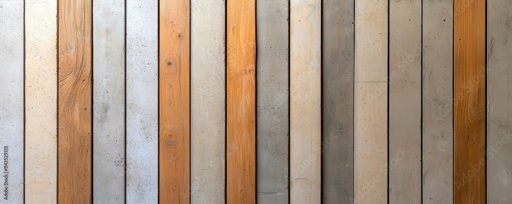 The concept of minimal concrete finishes. Wood and concrete planks arranged in a modern, textured pattern. The concept of minimal concrete finishes. Wood and concrete planks arranged in a modern, textured pattern.