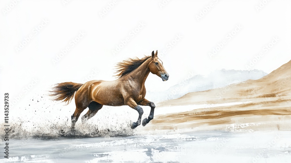 Obraz premium Horse gallops freely on beach, kicking up sand and water under clear sky