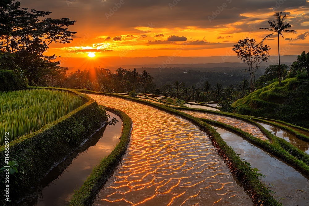 Fototapeta premium A scenic sunset over terraced rice fields, reflecting vibrant colors in the water.