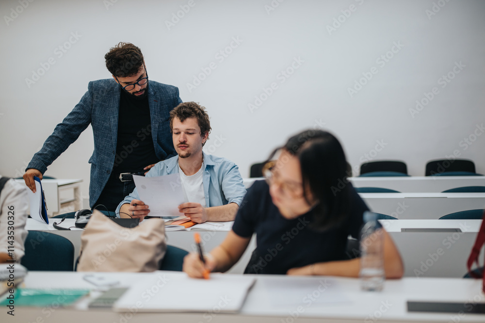 In a university classroom, a professor assists students with assignments. The classroom environment encourages learning, collaboration, and academic engagement as students focus on educational tasks. In a university classroom, a professor assists students with assignments. The classroom environment encourages learning, collaboration, and academic engagement as students focus on educational tasks.