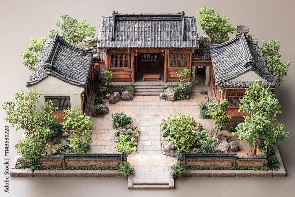 Traditional Asian courtyard house with garden. Traditional Asian courtyard house with garden.
