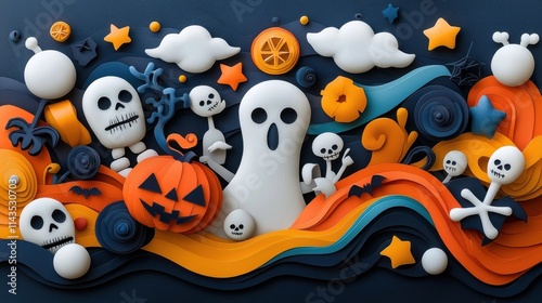 Assortment of handmade Halloween including carved pumpkins skull figurines ghostly shapes and other spooky elements arranged on a dark textured background photo