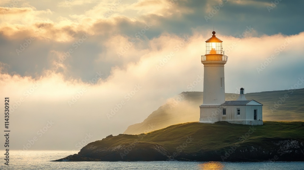Lighthouse on coastal cliff during misty sunrise Lighthouse on coastal cliff during misty sunrise